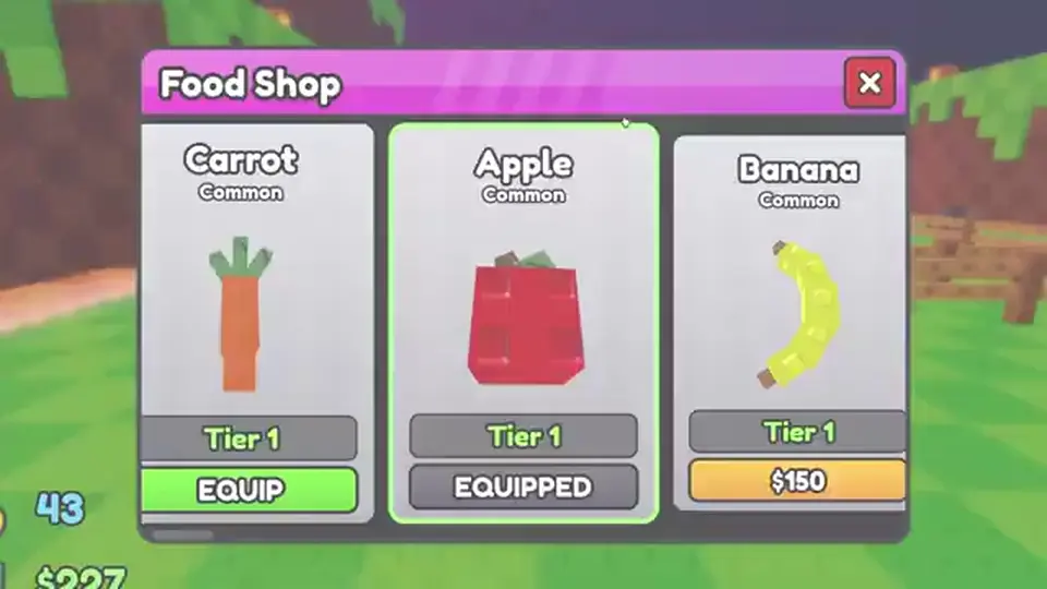 Throw Food For Animals Food Shop with Carrot, Apple, and Banana Tier 1 rows