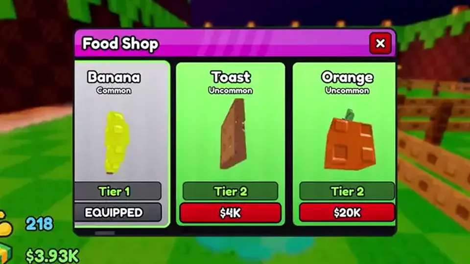 Throw Food For Animals Food Shop showing Banana, Toast, and Orange — still no Codes control