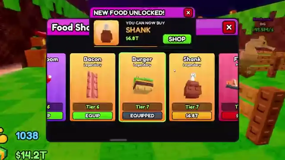 Throw Food For Animals Food Shop unlocking Shank at $6.8T — live HUD, not the $618T recap