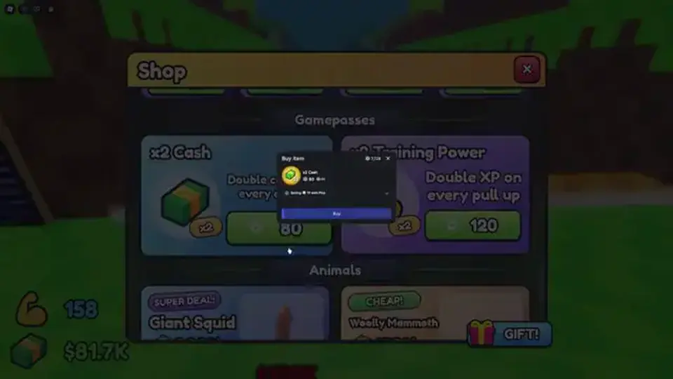 Throw Food For Animals Gamepasses shop with x2 Cash and x2 Training Power buy prompt