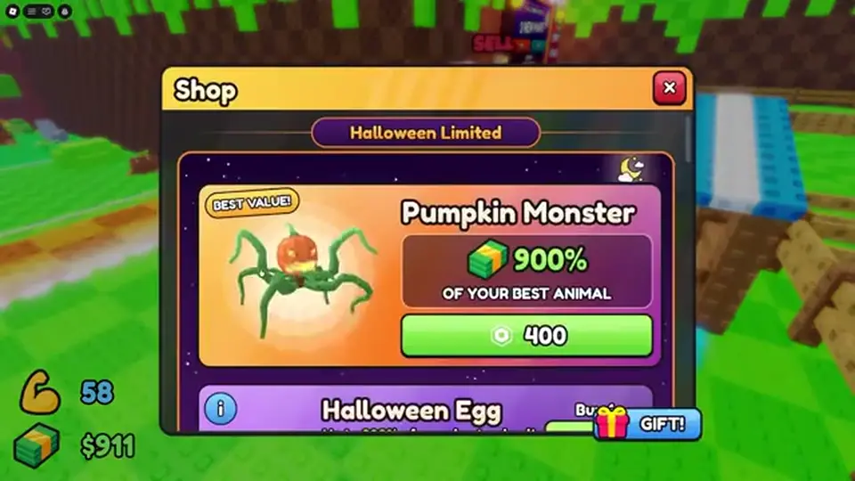 Throw Food For Animals Pumpkin Monster 900% shop row — Halloween Limited, not a Game Pass