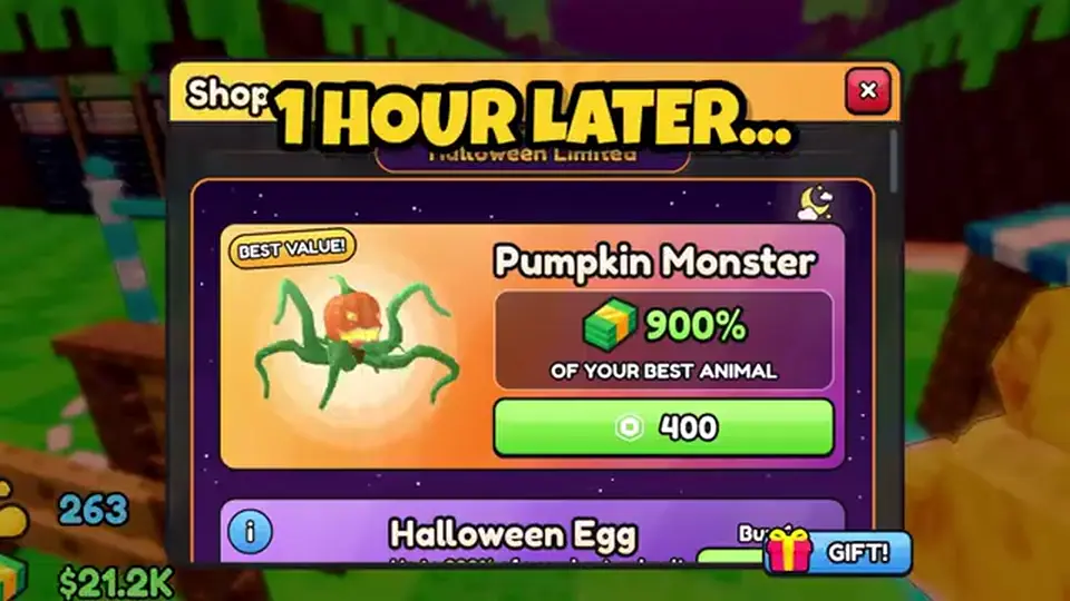 Throw Food For Animals shop showing Pumpkin Monster and Halloween Egg with no Codes paste field