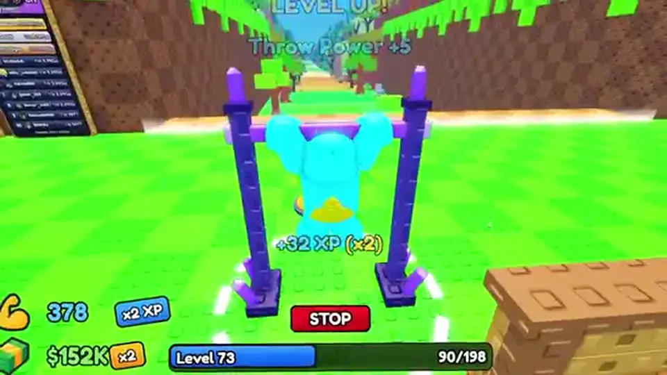 Throw Food For Animals LEVEL UP overlay reading Throw Power +5 during pull-up training